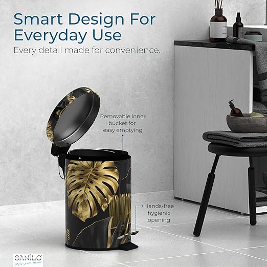 Sanilo Small Bathroom Trash Can with Lid [1.3 Gallon] - Lidded Tiny Trashcan for Garbage - Mini Metal Bin with Soft Closing Mechanism - Bath Room Accessoire Wastebin with Inner Bucket (Golden Leaves)
