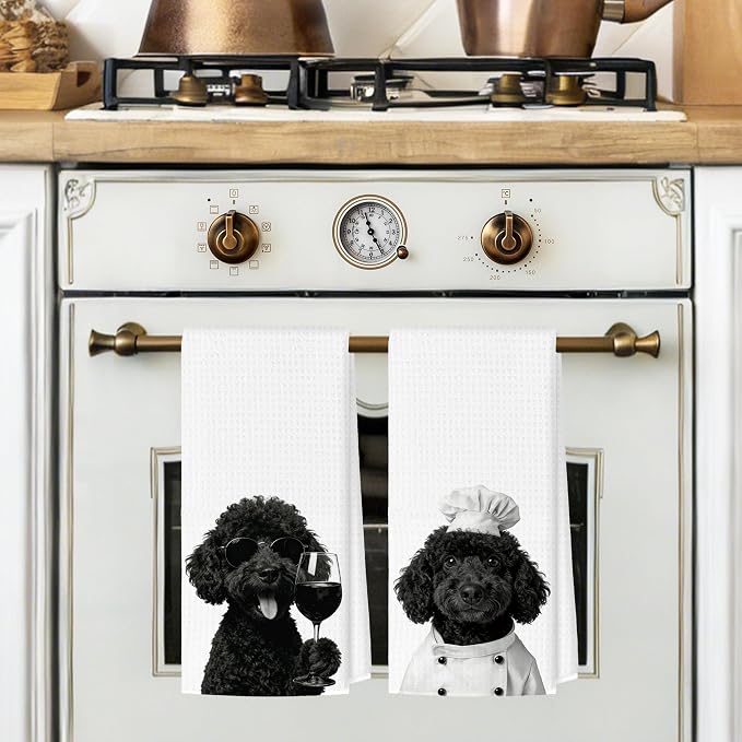 Funny Poodle Kitchen Towels Set of 2, Dog Kitchen Bar Accessories, Dog Chef Gifts for Women Decorative Hand Towels for Kitchen Decor, Poodle Lovers Dish Tea Towel, 16x24 Inch