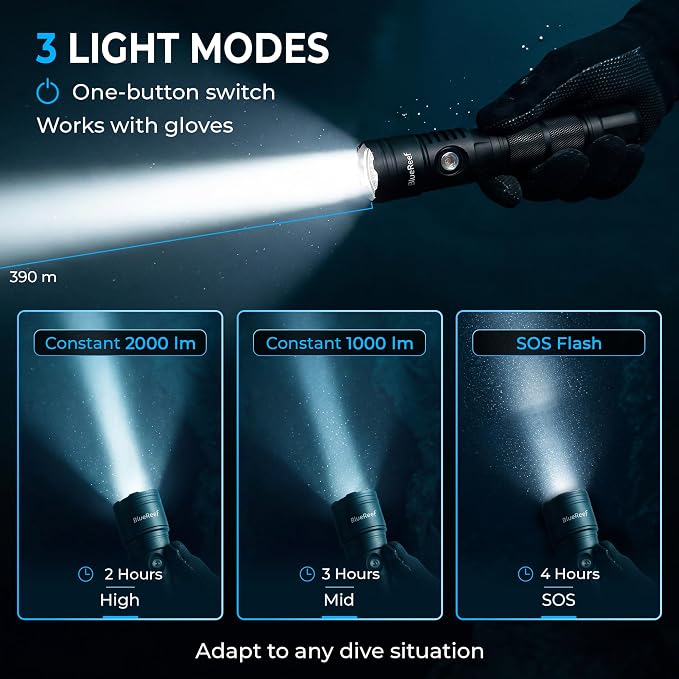 Blue Reef 2000 Lumens Scuba Dive Light, 390m Long-Range Beam, 4Hr Runtime / 2Hr at Full 2000LM Output – USB-C Rechargeable, 100m Waterproof Diving Flashlight for Scuba & Night Diving