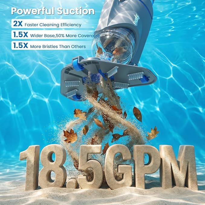 Cordless Handheld Pool Vacuum, 18.5GPM Strong Suction, Telescopic Pole, 45 Mins Runtime, Dual Brush Heads for Above Ground, Inground Pools, Spas & Hot Tubs, Vako H10