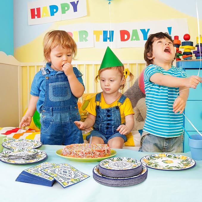 108 Pcs Lemon Party Plates and Napkins Blue Tiles Mediterranean Party Decor Disposable Tableware Sets Baby Shower Birthday Decorations Supplies Favors for 36 Guests