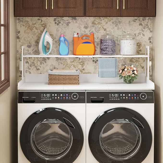 Lifewit Washer Dryer Countertop with Adjustable Shelf, Melamine Cover for The Top with Edge Rails, Towel Rack for Laundry Room Storage and Organization, Hold 200lbs, White, 54" x 27.5"