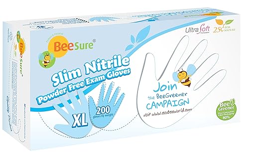 BeeSure BE1129case Slim Nitrile Powder Free Exam Gloves, 2.5 mil, White, X-Large (Pack of 2000)