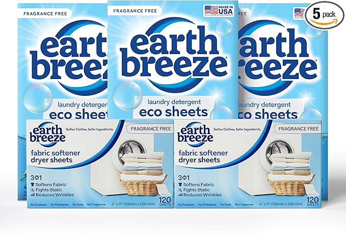 Earth Breeze Fragrance Free Laundry Detergent & Dryer Sheets Bundle – 3PK Laundry (180 Loads) + 2PK Dryer Sheets (120 Loads) – Made in USA, Hypoallergenic