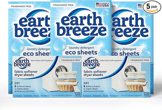 Earth Breeze Fragrance Free Laundry Detergent & Dryer Sheets Bundle – 3PK Laundry (180 Loads) + 2PK Dryer Sheets (120 Loads) – Made in USA, Hypoallergenic