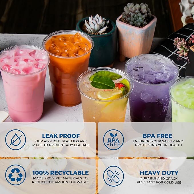 Freshware Clear Plastic Cups with Flat Lids and Straws [100 Cups - 16 oz] Disposable Cup for Iced Coffee, Smoothie, Milkshake, Cold Drinks, Translucent