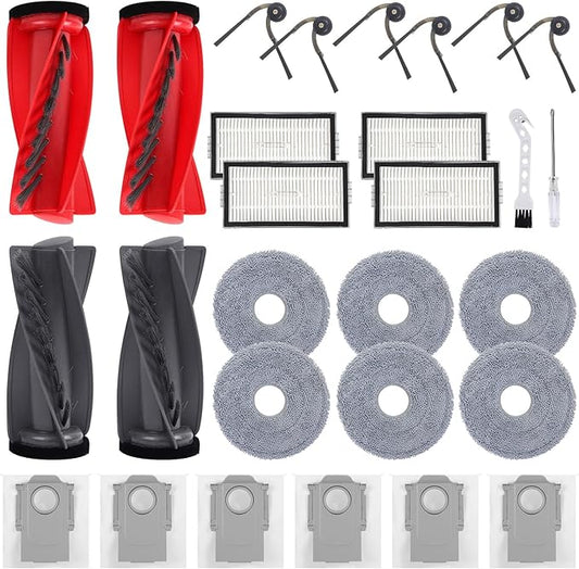28 Pack Accessories Kit for Roborock Saros 20, Saros 10R, Qrevo CurvX, Curv 2 Pro Robot Vacuum Replacement Parts, 2 Main Brush, 4 Filters, 6 Side Brushes, 6 Mop Pads, 6 Dust Bags