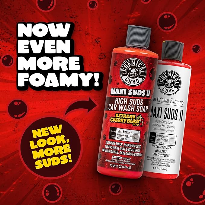 Chemical Guys CWS_101 Maxi-Suds II Foaming Car Wash Soap (Works with Foam Cannons/Guns or Bucket Washes) Safe for Cars, Trucks, Motorcycles, RVs & More, 128 fl oz (1 Gallon), Cherry Scent
