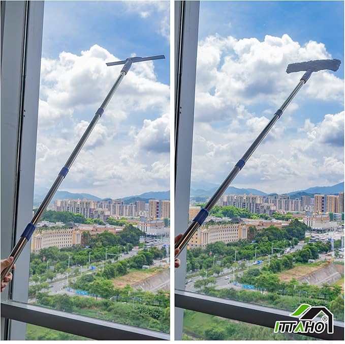 ITTAHO Window Squeegee Cleaner Tool,Window Cleaning Kit with Extension Pole,12" Squeegee and 11" Microfiber Scrubber Combi,Window Washing Equipment for Car, Indoor,Outdoor, High Windows-2 Pads