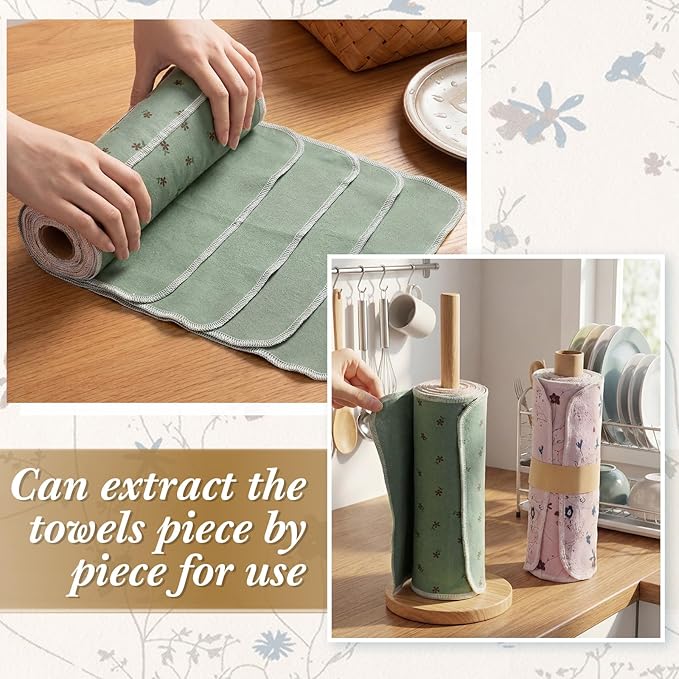 Redbaker 50 Pcs Reusable Paper Towels Paperless Reusable Cotton Cloths Toilet Absorbent Washable Paper Towels with Roll Kitchen Dishcloth for Kitchen Paperless Dishcloths(Little Flower)