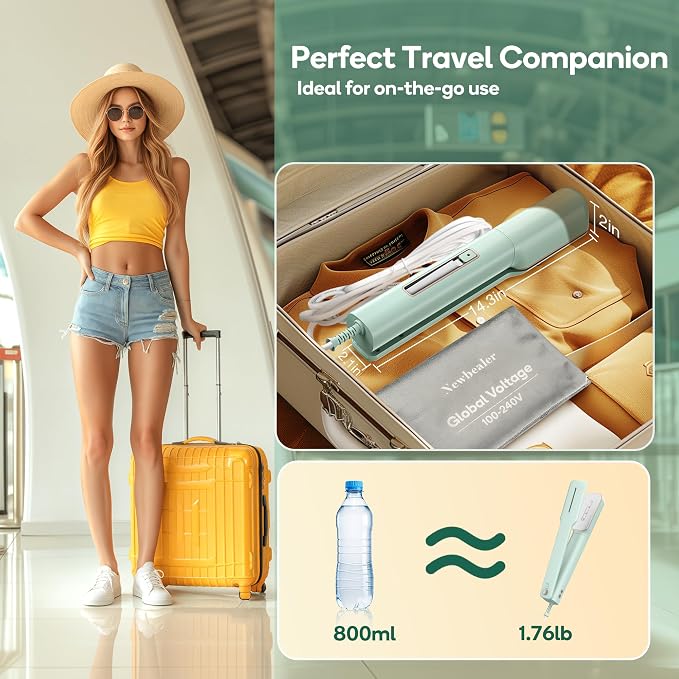 Newbealer 3in1 Travel Iron, 100-240V Clothes Steamer, 2 Steam Levels, Green | Portable for On-the-Go, Heats in 20s, Dry Iron w/ Clamp, 180° Rotatable Head, 360° Leak-Proof, Auto-Off, Self-Cleaning, 90ml