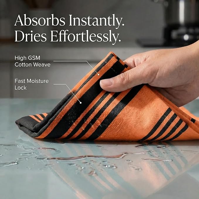 Urban Villa Halloween Kitchen Towels 100% Cotton Set of 6 Dish Towels - 20x30 Inches Highly Absorbent Quick Drying Dish Towels for Kitchen with Hanging Loop Hand & Tea Towels (Orange & Black Striped)
