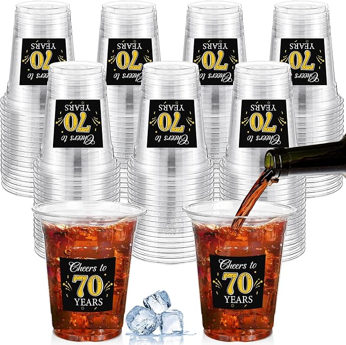 Funnymoom 100 Pack 70th Birthday Cup 12 oz Cheers to 70 Years Happy Birthday Disposable Clear Plastic Cups for Him Men Women Wedding Anniversary Decorations Party Favors
