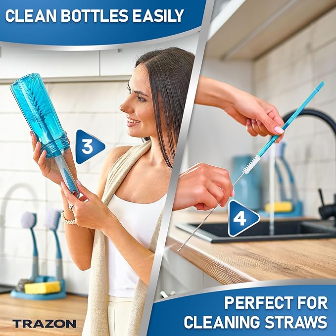 Dish Brush Set of 5 with Convenient Holder, Kitchen Scrub Brushes Non Slip Long Handle for Sink Dishes Cup Pot + Trazon 3-Piece Scrub Brush Set - Blue
