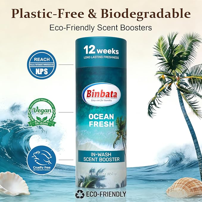 Binbata Eco Scent Beads Laundry 30oz, Gentle In‑Wash Scent Booster Beads with Plastic Free Recyclable Package, Up to 85 Washing Cycles for 12 week Long-Lasting Freshness, Ocean Fresh Scent