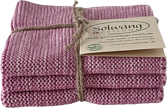 Solwang 3-Piece Danish Cotton Dishcloths in 100% Certified Organic Cotton Made in India (Rose Melange Organic Trio)