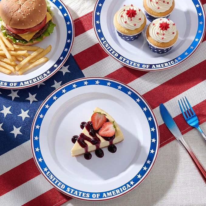 BESTVIP 50Pcs 4th of July Plastic Plates 10 Inch - Heavy Duty American Flag Patriotic Disposable Plates, Red White Blue Dinnerware for Independence Day Veterans Day BBQ party supplies