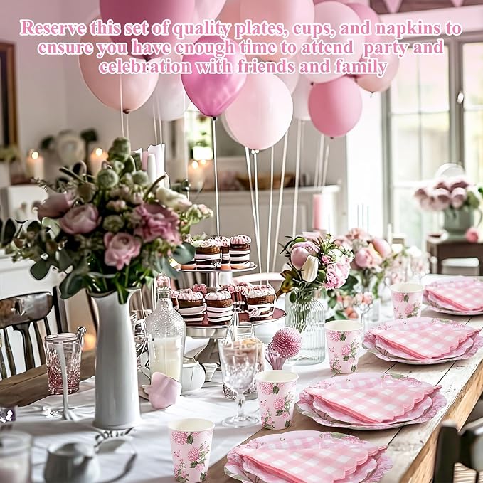 Pickmesh 250 Pcs Pink Hydrangea Party Supplies Pink Floral Gingham Checkered Paper Plates Napkins and Cups Hydrangea Disposable Tableware Set for Summer Wedding Birthday Tea Party Decorations Serve 50