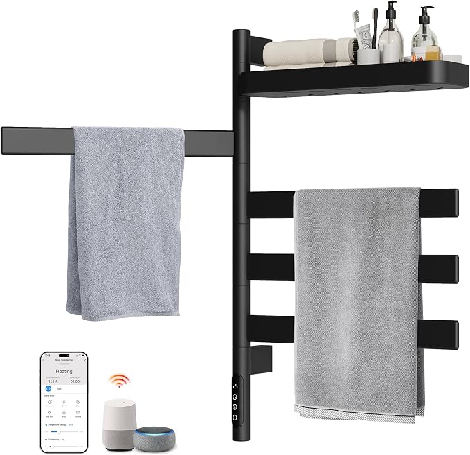 ENZE Smart Rotating Heated Towel Rack for Bathroom, 4-Bar Wall-Mounted Electric Towel Warmer with Swivel Shelf, Wi-Fi App Control, 24H Timer, Stainless Steel, IPX5, Hardwired/Plug-in, Matte Black