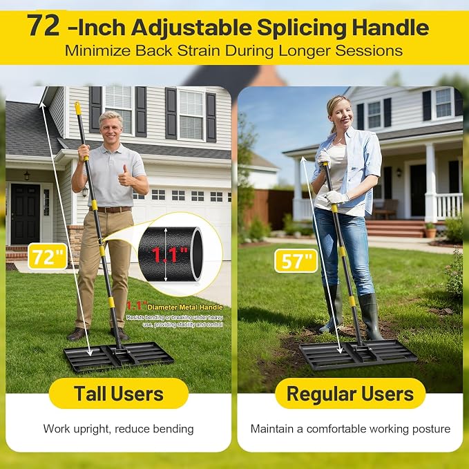 Lawn Leveling Rake,Foldable 30x10 Inch Ground Plate,72 Inch Adjustable Long Handle Yard Level Tool with Curved Edge,Heavy Duty Landscaping Lawn Leveler for Grass, Golf Field, Soil Sand Dirt Spreader