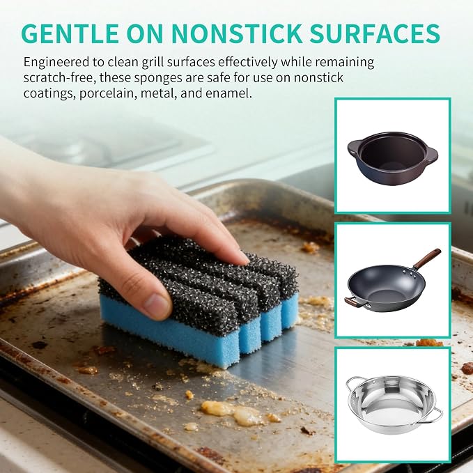 4 Pack Grill Cleaning Sponge (12207) + 2 Pack Upgrade Scraper Set - Compatible with George Foreman & Most Indoor Grills with Grooved Plates, Heat-Resistant Nylon Scraper & Non-Scratch Sponge for Easy