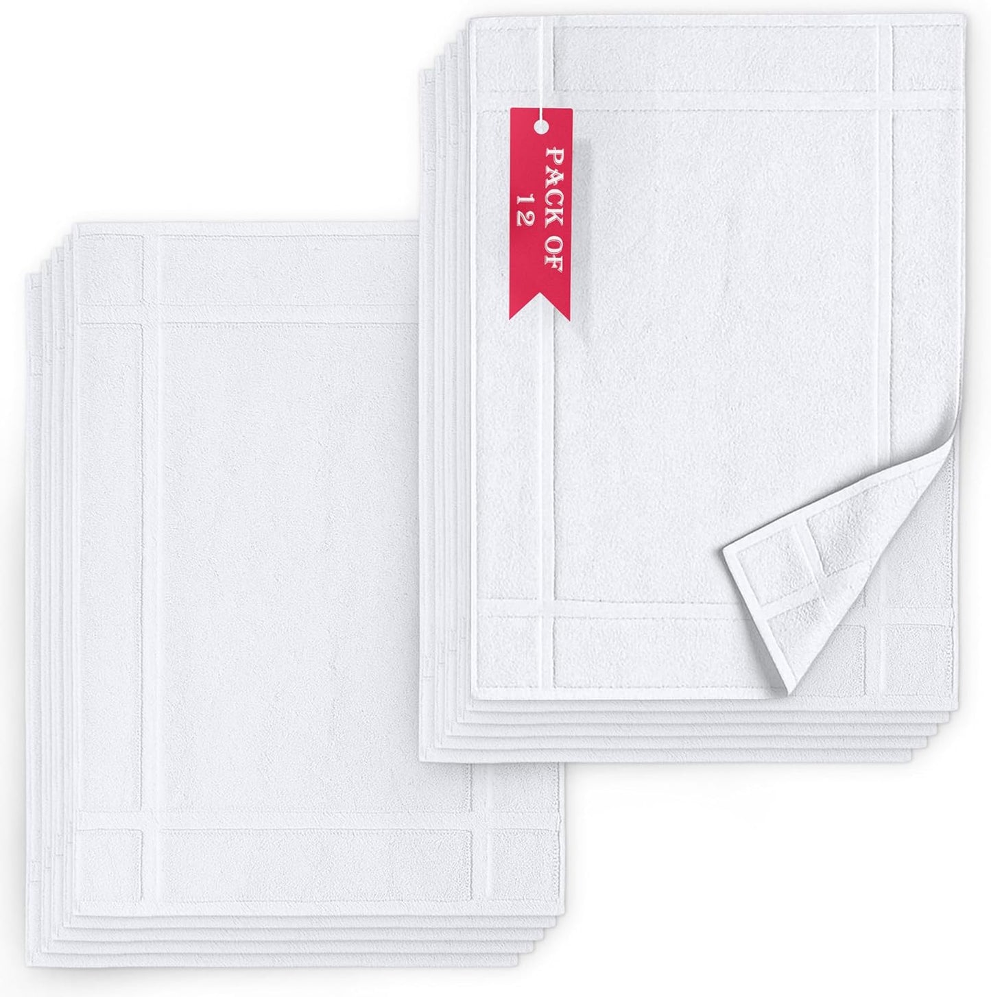 Pearl Linens Pack of 12 100% Cotton Bath Mat 18x25 inches, Soft & Absorbent Quick Dry Bathroom Mat Set, Not Bathroom Rugs, After Shower Mat, Bath Tub Mat, 687 GSM, Machine Washable, White