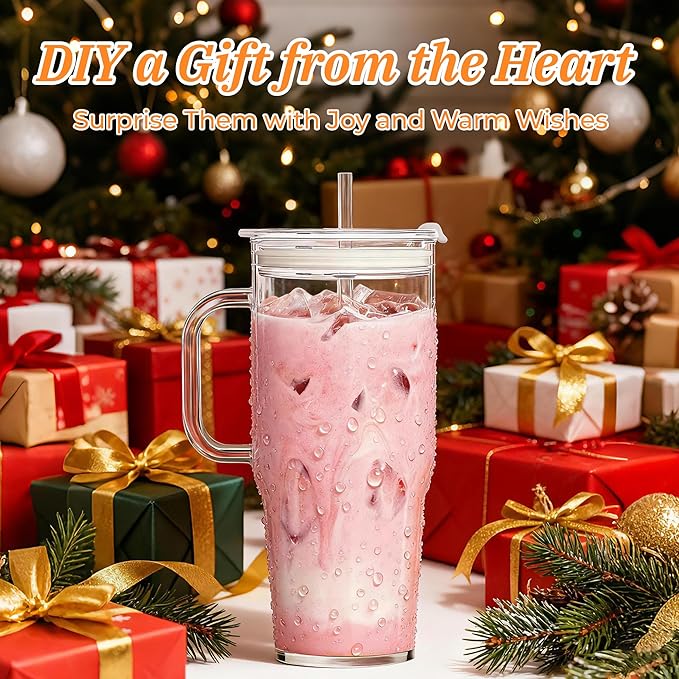 2Pack 40OZ Glass Tumbler with Handle,Glass Cup with Lid and Straw,Reusable Glass Iced Coffee Cup for Beer, Smoothies, Juice,Hot/Cold Drinks-Suitable for Birthday,Wedding,Christmas Gifts