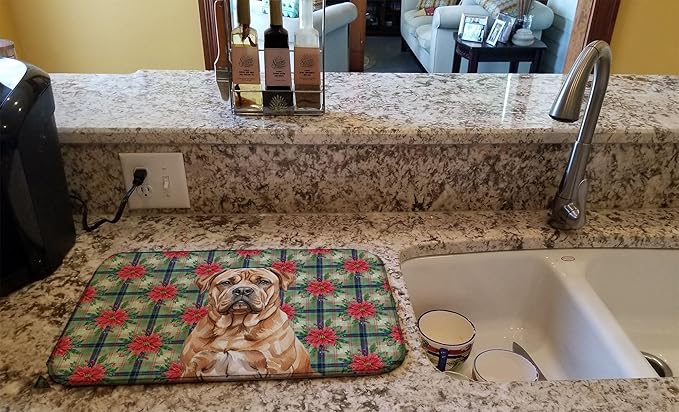 Caroline's Treasures Dogue de Bordeaux Christmas PoinsettIas Dish Drying Mat Absorbent Dish Drying Mat Pad for Kitchen Counter Dish Drainer Mat for Countertop, 14 x 21", Multicolor