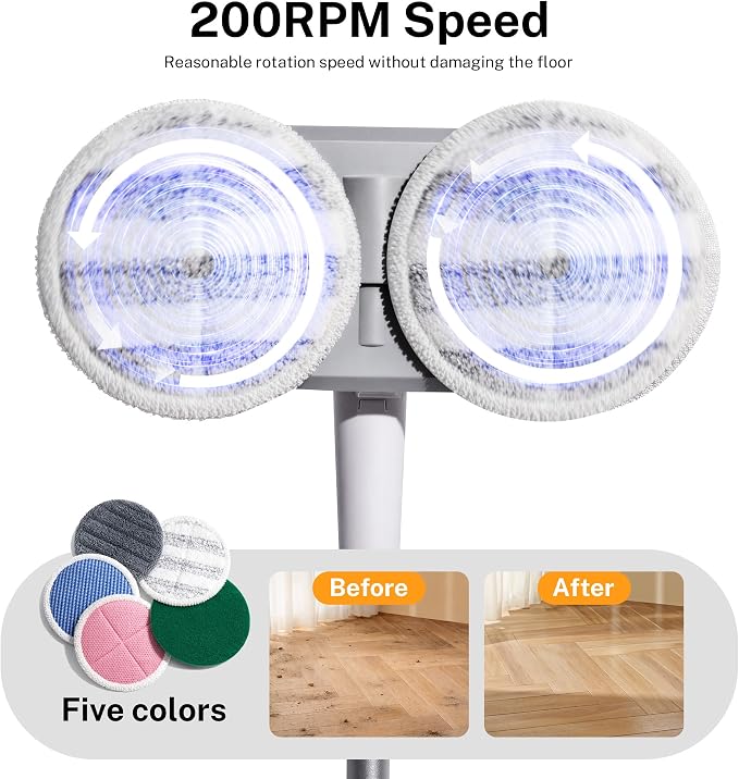 GOBOT Cordless Electric Spin Mop - Lightweight Powerful Cleaner for Hardwood, Tile, Laminate & Vinyl Floors with 6 Washable Pads (White, Blue, Red)