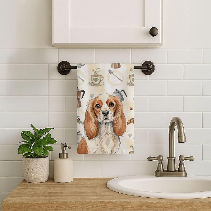 Caroline's Treasures Blenheim Cavalier Spaniel Coffee Bar Kitchen Towel Velour Plush Front and Cotton Loop Back Machine Washable