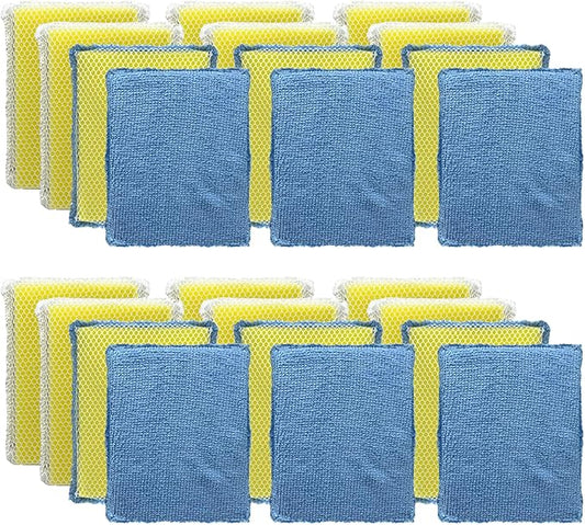 LOLA Microfiber & Nylon Net Sponges, 24 Pack, 12 Dual Sided Non-Scratch Sponge Pads & 12 w/Microfiber Cloth One Side and Netting on the Other Side