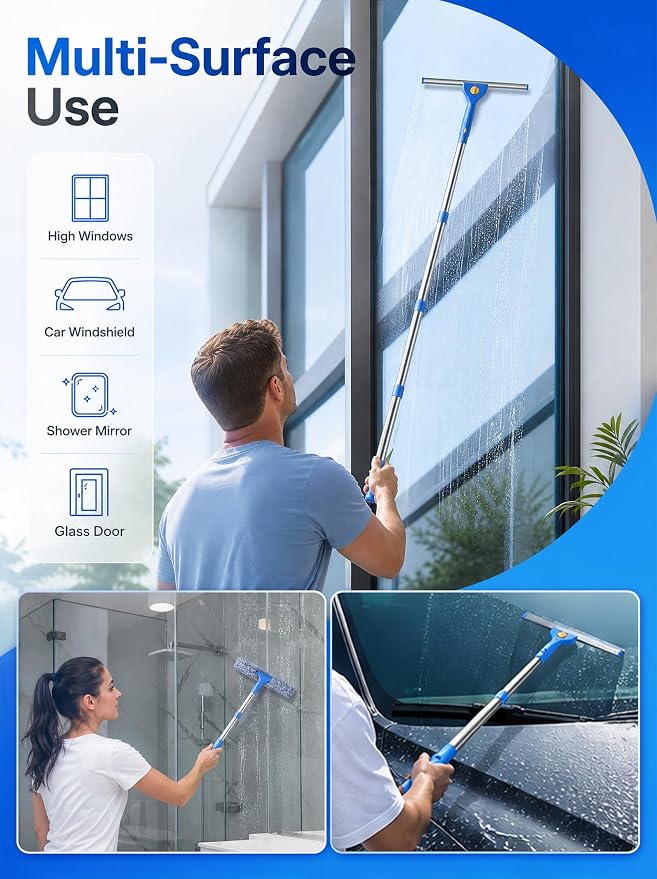 Window Cleaning Kit with Bucket, Window Squeegee and Microfiber Scrubber, 76-Inch Extension Pole Window Washer Set for Glass Doors, Shower Doors, Mirrors and Car Windows