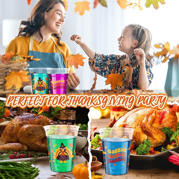 Meanplan 100 Pcs Thanksgiving Plastic Cups Bulk 12oz Fall Disposable Cups Autumn Pumpkin Leaf Turkey Clear Drinkware Tumblers Coffee Juice Wine Glasses Harvest Wedding Party Supplies(Turkey)