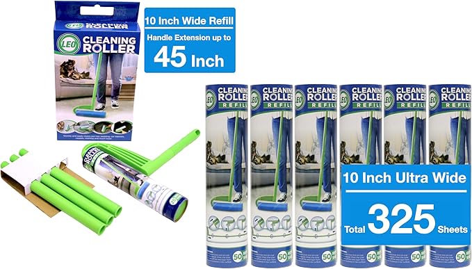 Leo Large 10-Inch Wide Lint Roller Refills 325 Sheets with extendable Handle to 45 inch for Lint Removers Household Cleaning Easily Remove Pet Hair Dust and Debris from Floors Carpets and Furniture