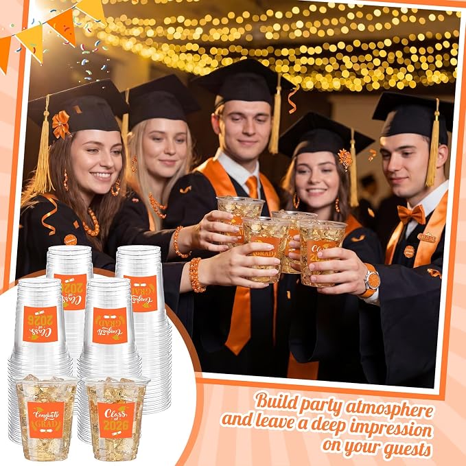 Amyhill 60 Pack 12oz Graduation Cups 2026 Graduation Decorations Disposable Plastic Cups Sturdy&Durable Drinkware for Class of 2026 Decorations Congrats Grad Party Favors Supplies (Orange)