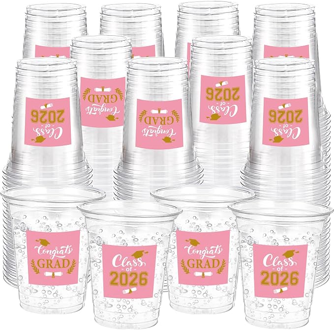 Amyhill 100 Pack 12oz Graduation Cups 2026 Graduation Decorations Disposable Plastic Cups Sturdy&Durable Drinkware for Class of 2026 Decorations Congrats Grad Party Favors Supplies (Pink)