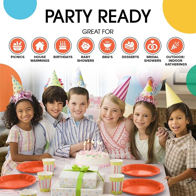 Exquisite Party Solids Orange Plates Disposable Orange Plastic Plates 100 Pieces - 50-7" & 50-9" Heavy Duty 350 GSM Disposable Dinnerware Sets, Plastic Dinnerware Sets