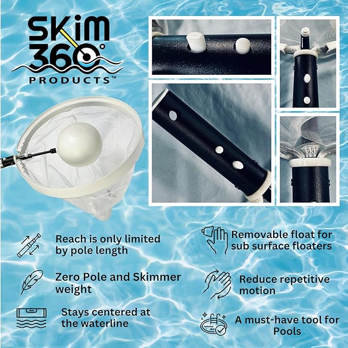 16" Pool Skimmer Net with Float Assist - 360° Movement in Any Direction, Very Fine Deep Silt/Sand Net, Zero Pole & SkimmerWeight, Fast & Effortless Debris Removal for All Pools, Ponds & Spas
