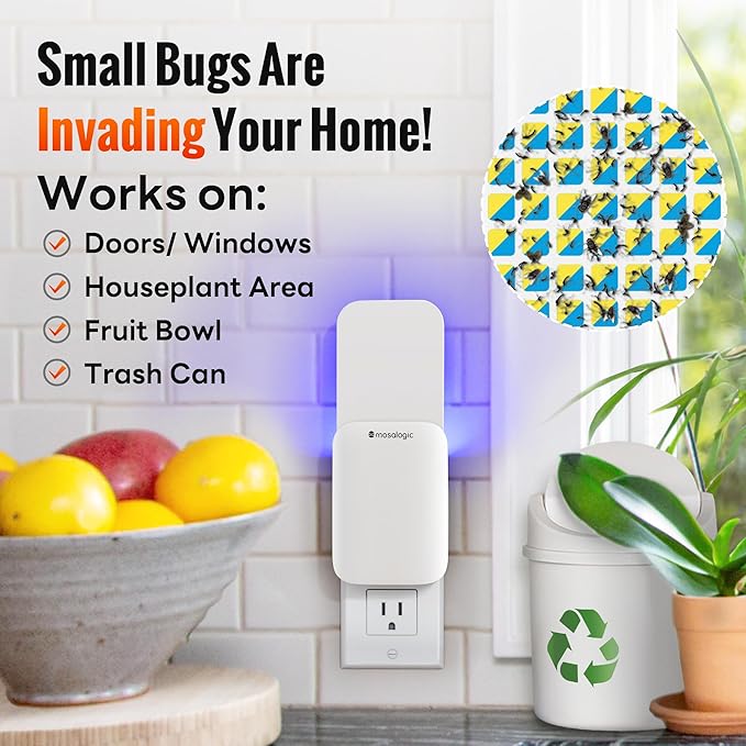 Mosalogic Indoor Fruit Fly Traps Smart Gnat Trap for House Indoor with Motion Sensor Night Light-3 Modes,Silent,600 Sqft Coverage,Catches Fruit Flies,Gnats,Moth, 1 Device with 5 Refills White