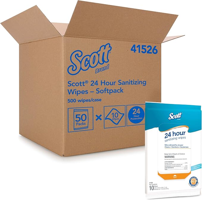 Scott 24 Hour Sanitizing Wipes – Multi-Surface Cleaning & Disinfecting, Continuous Sanitization for 24 Hours – (41526), 50 Packs x 10, 500 Wipes