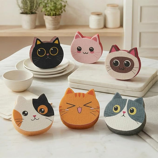 Bulimumu 3-Layer Cat Print Dish Sponge (6 Pack) - Swedish Dishcloth Top + Soft Sponge Middle + Smart Temperature-Sensing Scrubber - Dual-Action Non-Scratch Kitchen Cleaning