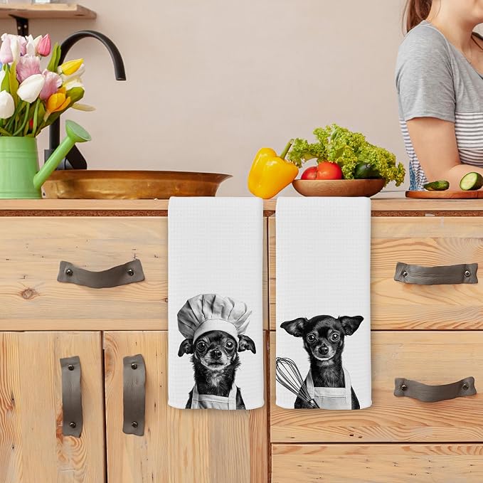 Funny Chef Chihuahua Kitchen Towels Set of 2, Chihuahua Gifts for Women Dish Tea Towels for Kitchen, Dog Mom Dad Lovers Owner Gifts Decorative Hand Towel, 16x24 Inch