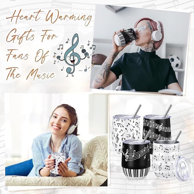 Umigy 4 Pcs Musical Note Tumbler Gifts, 12 oz Stainless Steel Coffee Travel Mug, Vacuum Insulated Tumbler Cup with Gift Box Music Themed Gift for Music Lovers Birthday Graduation Party Supplies