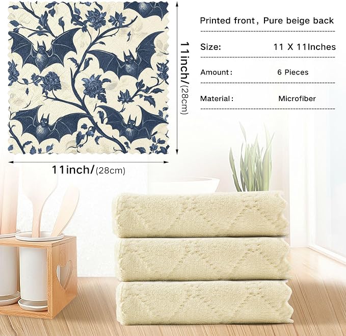 senya Kitchen Dishcloths, Gothic Bat Floral Pattern Cloth Dish Towels 6 Pack Super Absorbent Dishtowels Reusable Cleaning Cloths
