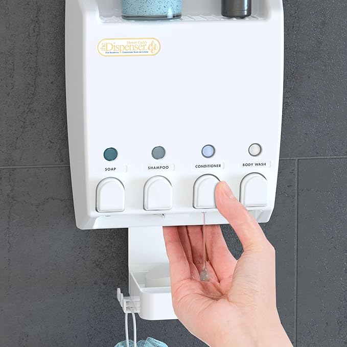 Better Living Ulti-Mate Shower Dispenser Caddy 4, Wall Mount Shower Soap Dispenser for Bathroom, Shelf, Built-in Hooks & Soap Dish, No Drill, Shampoo and Soap Dispenser, 4 x 14.5 oz, White