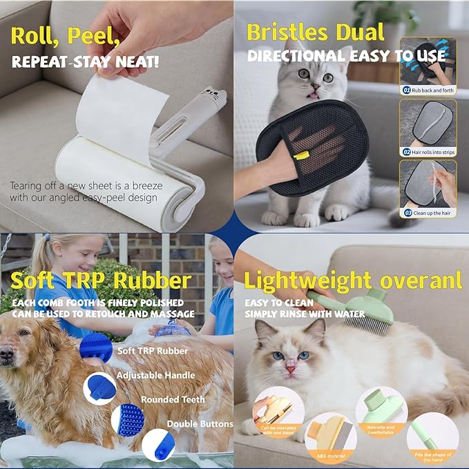 2026New 4-in-1 Pet Hair Removal Kit - Refillable Lint Roller + Self-Cleaning Deshedding Comb + Electrostatic Glove + Soft Rubber Bath Brush, Multi-Surface Hair Remover for Cats/Dogs/Clothes/Yellow