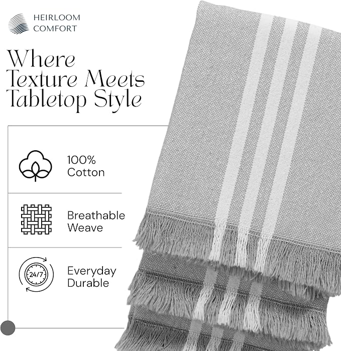 5 Pack Monochrome Stripe Kitchen Towels with Fringes, 16x26 Inch, 100% Cotton, Lint-Free, Absorbent & Washable Dish Towels for Drying Dishes, Everyday Kitchen Use, Dark Grey