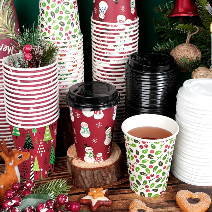 Hallswl 100 Pieces 12 oz Christmas Paper Cups with Lids, Disposable Coffee Cups for Cold Beverage Hot Drinking,Snowflake Tree Stripes Holly Berry Snowman Pattern Cup for Christmas Decorations