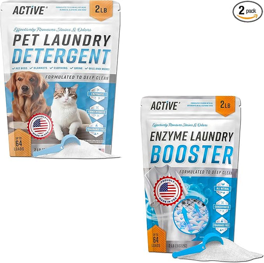 ACTIVE Pet Laundry Detergent and Enzyme Laundry Booster Powder - Includes 2LB Pet Detergent Powder and 2LB Enzyme Laundry Booster Additive