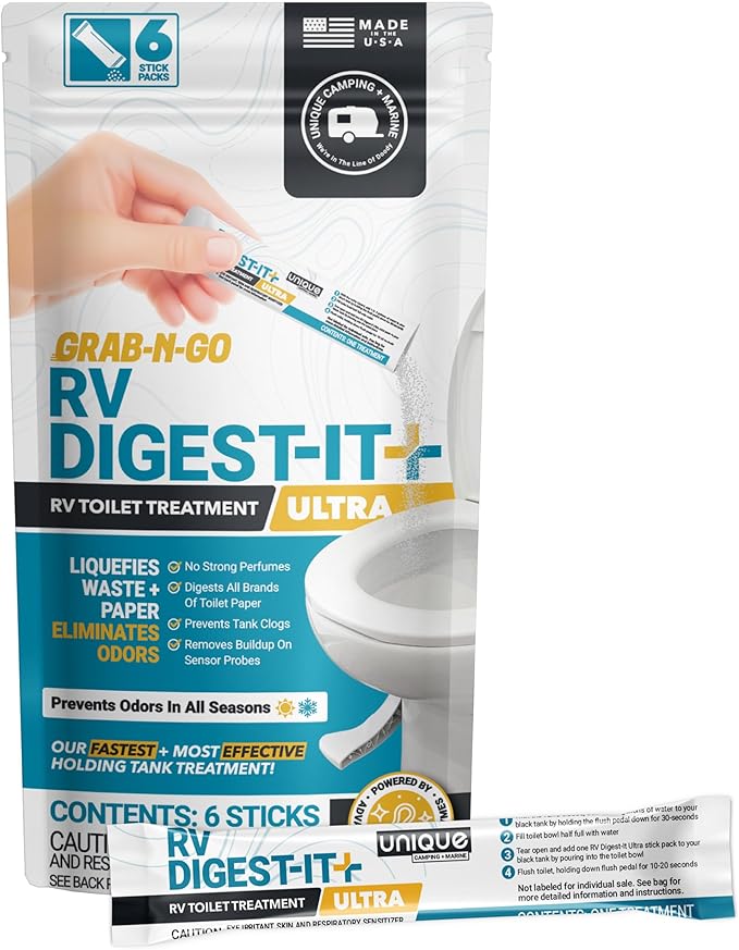 Unique RV Digest-It Ultra Stick Pack, 6 Count, Extra-Strength RV Toilet Treatment, No-Mess, Pre-measured, Grab-N-Go Bio-Enzymatic Black Tank Treatment, Eliminates Smells and Prevents Clogs